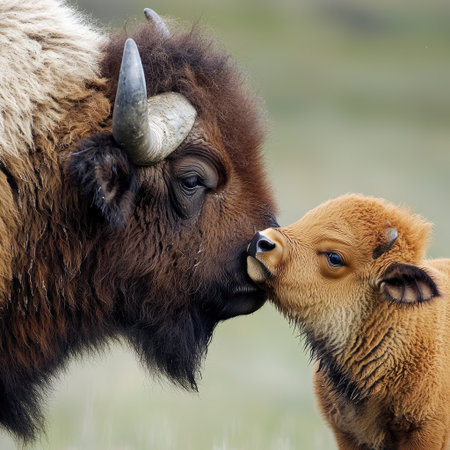 A baby buffalo nuzzling its mother, displaying affection and warmth.の素材