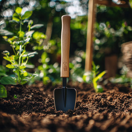 A professional-grade garden hoe with a carbon steel blade for durability.の素材