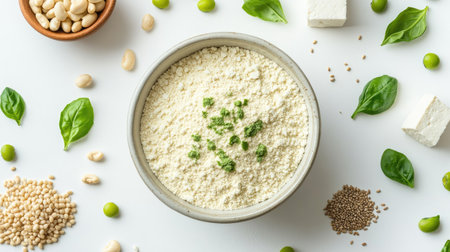 A bowl of plant-based protein powder surrounded by fresh ingredients like edamame, tofu, and hemp seeds on a white background.の素材