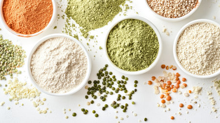 A collection of plant-based protein powder with raw ingredients like lentils, quinoa, and seeds scattered on a white surface.の素材