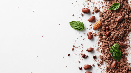 A close-up of plant-based protein powder with raw legumes, seeds, and nuts scattered around on a clean white surface.の素材