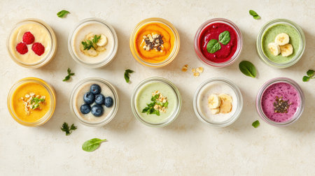 A selection of fresh vegan smoothies in glass jars with ingredients like berries, bananas, and spinach on a light textured background.の素材