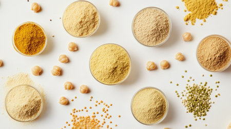 A variety of plant-based protein powders surrounded by chickpeas, sunflower seeds, and quinoa on a white background.の素材