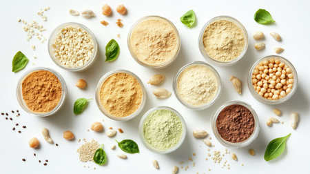 A variety of plant-based protein powders surrounded by chickpeas, sunflower seeds, and quinoa on a white background.の素材