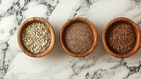 Organic hemp seeds, flaxseeds, and sunflower seeds in separate wooden bowls, top view.の素材