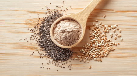 A scoop of plant-based protein powder surrounded by raw seeds like chia and flax, on a light-colored wooden table.の素材