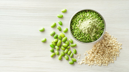 A plant-based protein powder scoop next to raw edamame, sunflower seeds, and quinoa on a light wood background.の素材