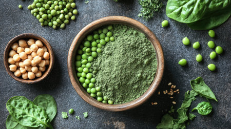 A top-down view of a bowl of plant-based protein powder surrounded by fresh ingredients like chickpeas, edamame, and hemp seeds.の素材