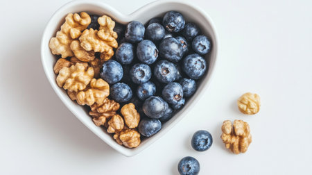 A heart-shaped bowl filled with fresh blueberries and walnuts, placed on a clean white surface.の素材