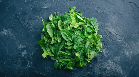 A heart-healthy spread of dark leafy greens, such as spinach, kale, and arugula, on a dark slate surface.の素材
