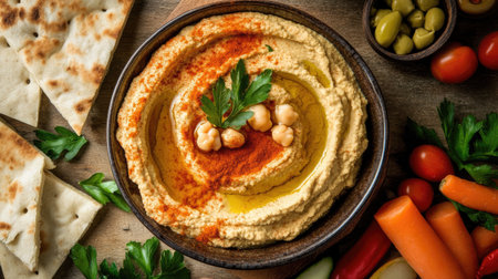 A plate of freshly made hummus, garnished with olive oil and paprika, surrounded by pita bread and vegetables.の素材