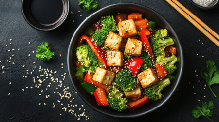 Vegan stir-fry with tofu, broccoli, bell peppers, and sesame seeds in a bowl, surrounded by chopsticks and soy sauce.の素材