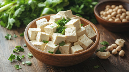 Organic tofu and soy-based products on a wooden surface with fresh herbs and vegetables.の素材