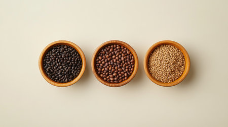 A selection of high-fiber foods, including beans, whole grains, and fruits, arranged in a flat lay style.の素材