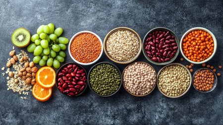 A selection of high-fiber foods, including beans, whole grains, and fruits, arranged in a flat lay style.の素材