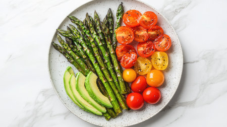 A heart-healthy plate of grilled asparagus, cherry tomatoes, and avocado slices on a light marble background.の素材