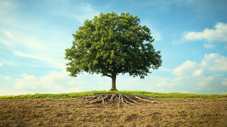A tree with deep roots and lush green leaves standing tall in an open field, symbolizing stability and prosperity.の素材