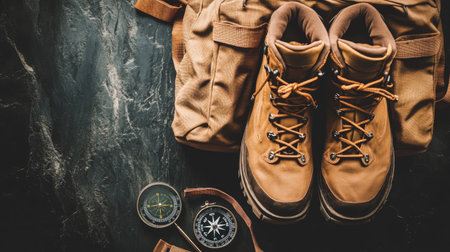 Backpack with hiking boots and a compass, top view.の素材