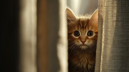 A playful kitten peeking out from behind a curtain, with a soft background and clear space for copy.の素材