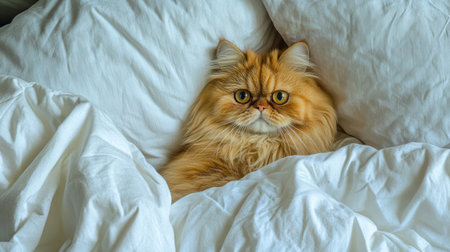A fluffy Persian cat in a cozy bed surrounded by soft pillows, its long fur creating a sense of relaxation and comfort in a peaceful pet scene.の素材