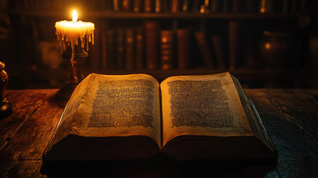 An open occult book with mystical symbols, illuminated by candlelight in a darkened room.の素材