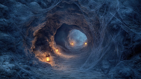 Spooky dark cave entrance covered in cobwebs, glowing lanterns leading inside, ominous shadows lurking in the mist.の素材