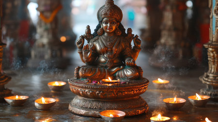A deity's idol placed on a golden pedestal surrounded by aromatic candles and incense sticks.の素材