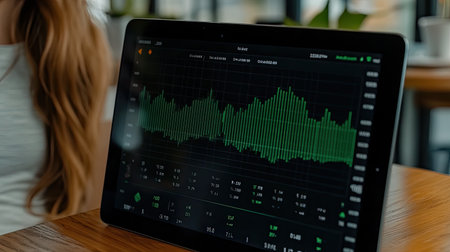 A close-up of a rising stock chart on a tablet screen, showing significant investment growth.の素材