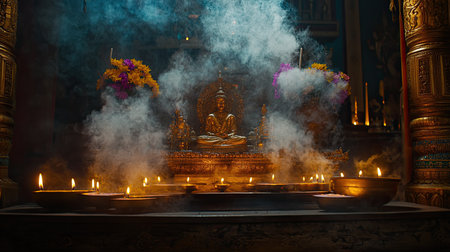 A small indoor shrine with a deity idol, surrounded by flickering candles and incense smoke, creating a sacred mood.の素材