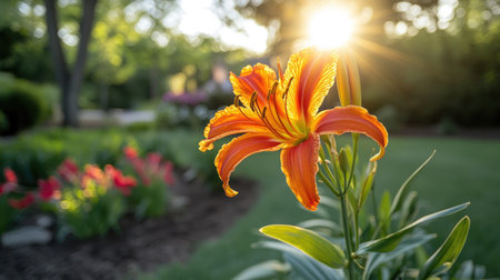 A delicate flower blooming in a garden, bathed in sunlight, symbolizing the power of positive energy and growth.の素材