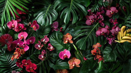 A lush tropical floral background with exotic orchids, banana leaves, and vibrant flowers in a rainforest-inspired setting.の素材
