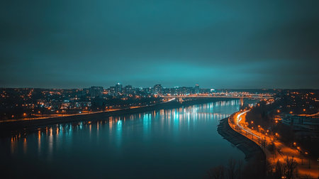 A dreamy night cityscape with twinkling lights, a vast river reflecting the glow, and a bridge stretching across the horizon.の素材