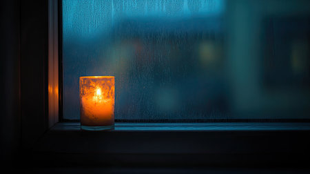 Candlelight shining through frosted glass, with the flame creating a warm, diffused glow.の素材