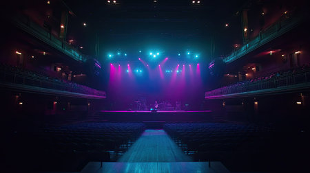A view from the back of a concert venue showing the stage with colorful lighting reflecting off a crowd of empty seats, awaiting the beginning of a live performance.の素材