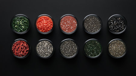 A collection of superfoods like goji berries, chia seeds, and spirulina powder in small bowls.の素材