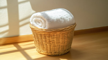 A neatly rolled towel in soft white, placed in a wicker basket in a cozy bathroom with ample surrounding space for creative content or branding.の素材