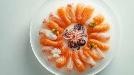 A clean and modern presentation of sashimi, with salmon, tuna, and octopus arranged in a circular pattern on a white plate.の素材