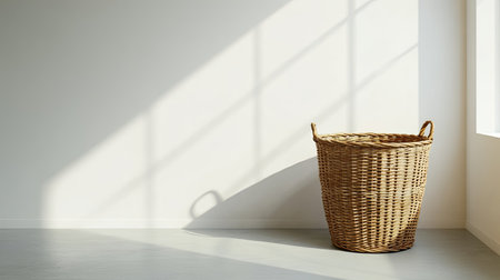 A large, stylish laundry basket made from woven materials, placed in the corner of a room with clear space around it for text or product display.の素材