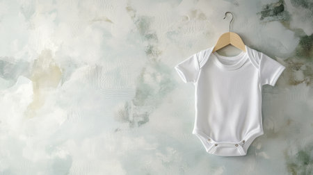 A single baby onesie hanging from a small wooden hanger, displayed against a clean, textured background.の素材