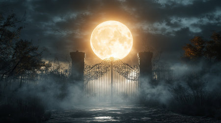 Spooky Halloween night with a glowing full moon behind an eerie, twisted iron gate, fog rolling in.の素材