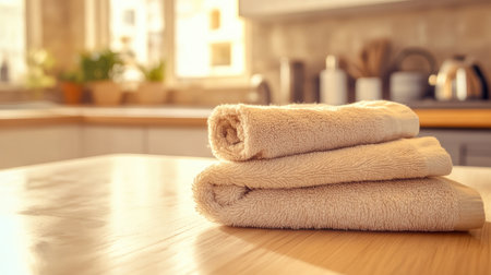 A fluffy towel with soft folds, resting on a clean countertop, surrounded by ample space for promotional content or creative design elements.の素材