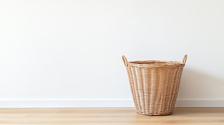 A large, practical laundry basket placed against a white wall with clear space around it, perfect for adding product details or creative text.の素材