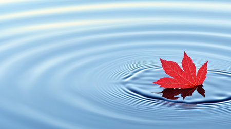 A tranquil pond with a single red maple leaf floating on the water, surrounded by soft ripples.の素材
