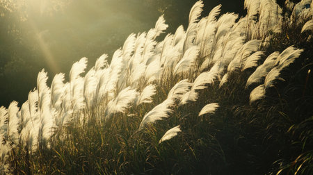 The shadows of tall grass swaying in the wind, creating soft diagonal lines across a blank surface in a peaceful setting.の素材