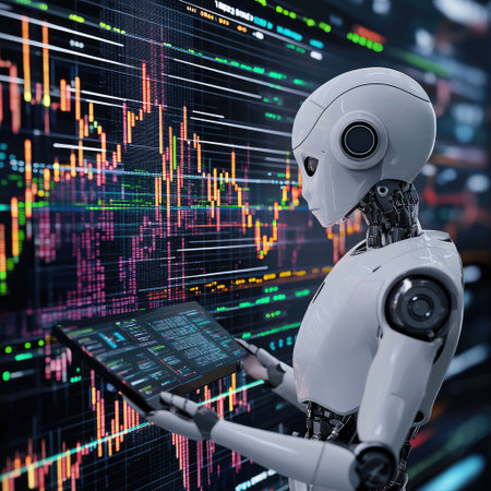 A futuristic AI robot analyzing financial data charts, symbolizing AI in investment decision-making.の素材