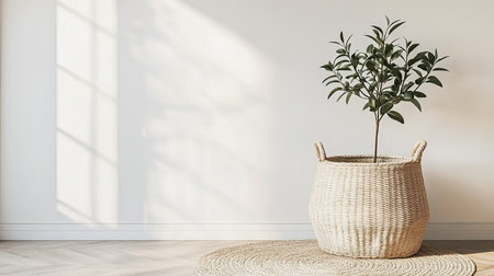 A large fabric laundry basket with a simple, clean design, sitting on a soft rug in a minimalist setting with plenty of empty space around it.の素材