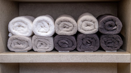 A fresh, rolled towel with a subtle pattern, placed in a neat row on a bathroom shelf, offering ample space for creative design or branding.の素材