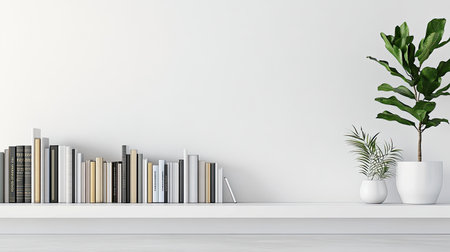 A cozy, well-organized bookshelf with books of various sizes, open space for design, and a simple background for branding or creative uses.の素材