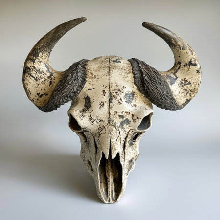 A buffalo skull with sun-bleached bones, symbolizing strength and survival.の素材