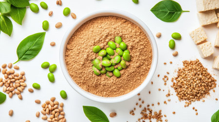 A bowl of plant-based protein powder surrounded by fresh ingredients like edamame, tofu, and hemp seeds on a white background.の素材
